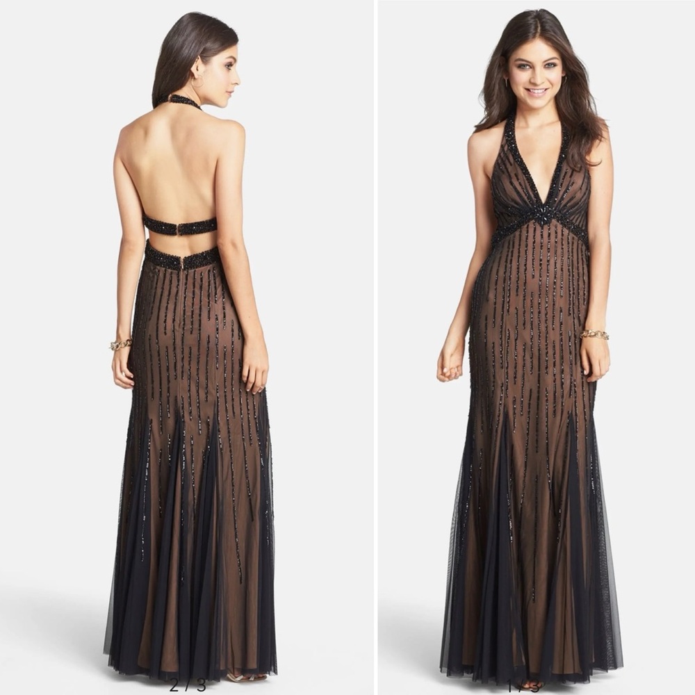 Sean Collection Embellished Mesh Halter Gown Black Size 8